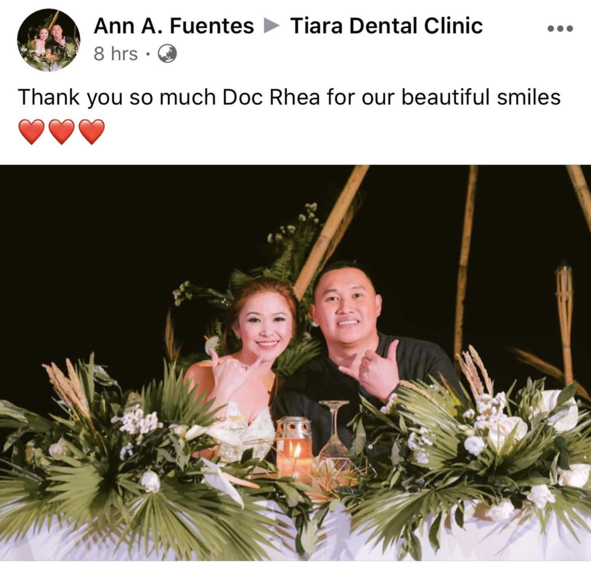 Facebook post by Ann A. Fuentes thanking Doc Rhea of Tiara Dental Clinic for the couple's smiles, with their celebration photo