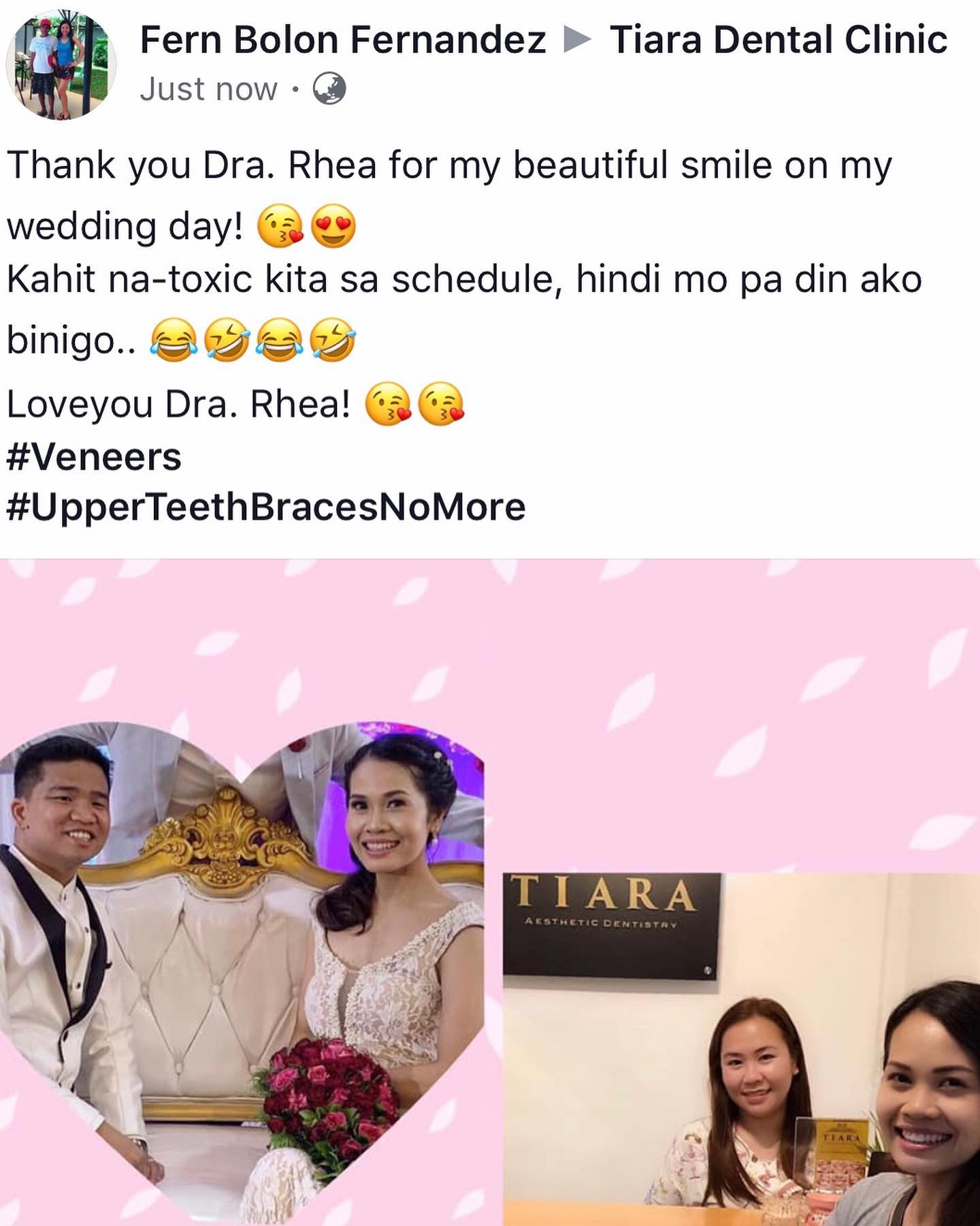 Facebook post by Fern Bolon Fernandez thanking Dr. Rhea for her wedding-day smile, with her wedding photo and a selfie at Tiara Dental Clinic in Cubao